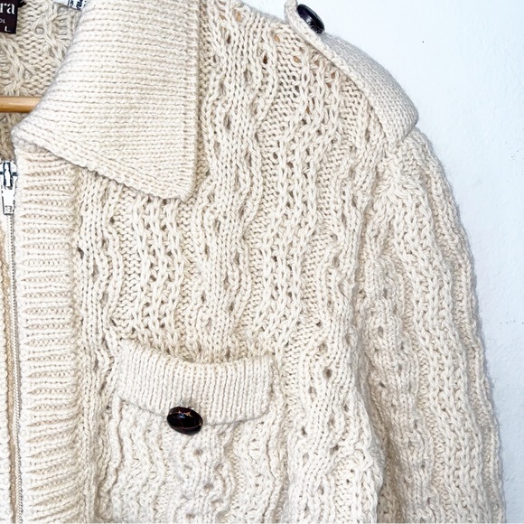Gaeltarra Yellow Cream New Wool Irish Fisherman Sweater Zip Up Cardigan L - Picture 9 of 11